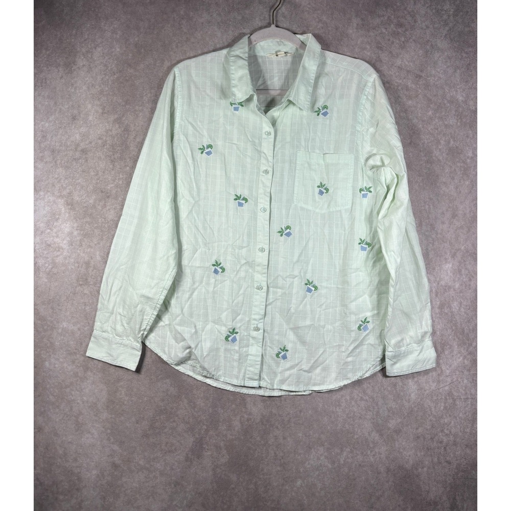 Lucky Brand Button Down Shirt Womens L Green Embroidered Plant Cottagecore Boho